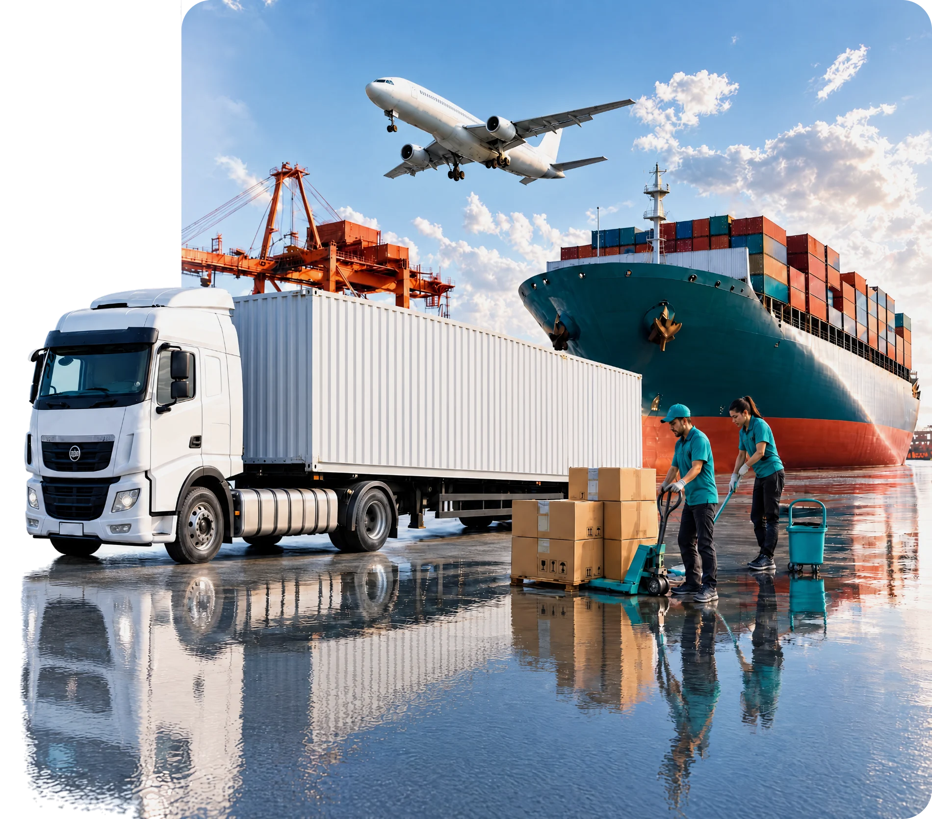 Operación multimodal: tractocamión, carga marítima, plataforma aérea y personal de servicios
