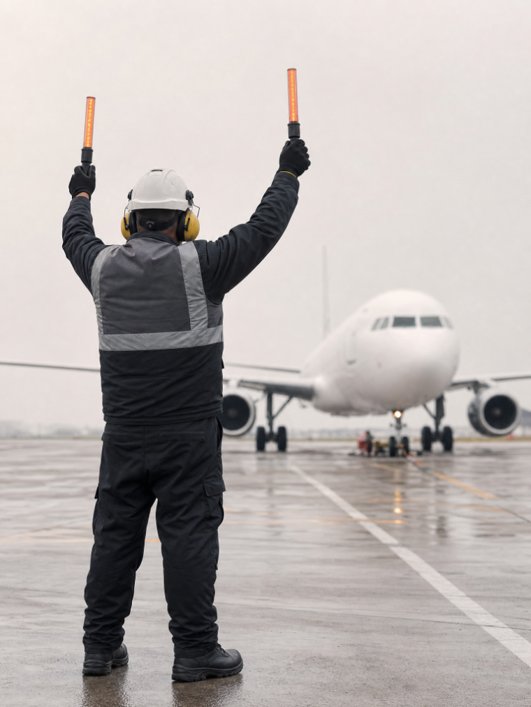Señalero en plataforma aeroportuaria